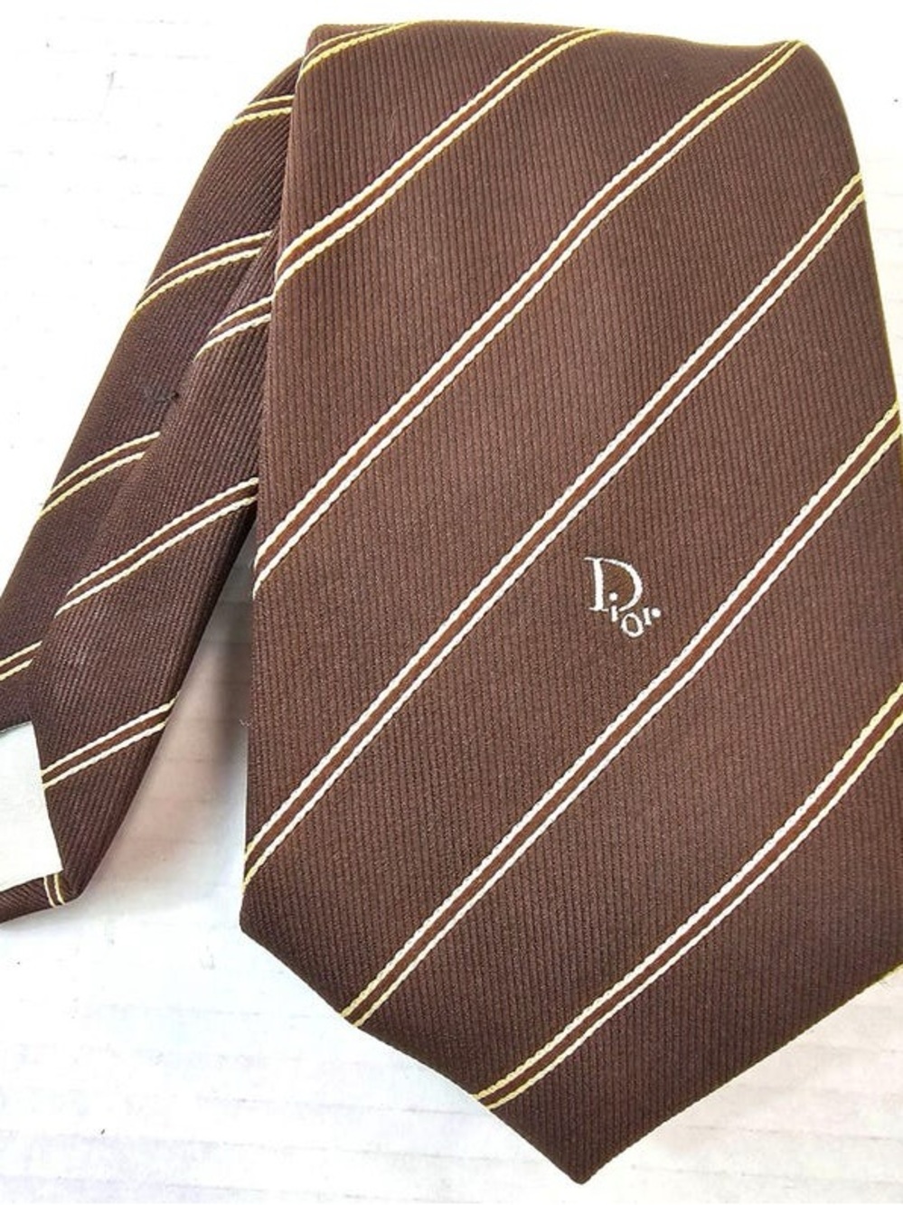 Men’s Dior Brown Silk blend Tie with Cream Stripe Detail